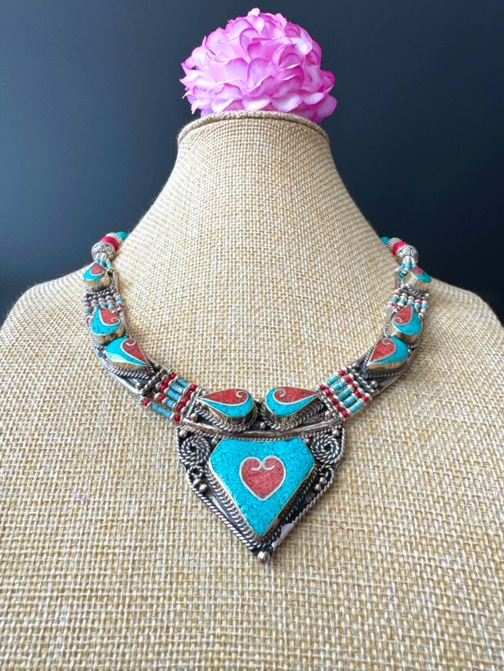 Vintage & Handcrafted Ethnic Tribal Heart Shape Statement Silver Stone Necklace
